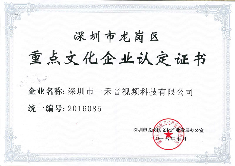 一禾科技被評定為深圳市龍崗區(qū)重點文化企業(yè)